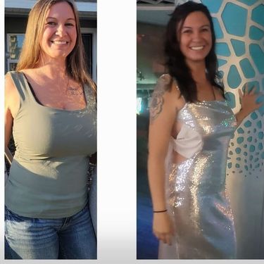 Two photographs of a Bodi Envi member side by side, one taken outdoors in a green tank top and jeans and one taken at an evening event in a silver sequined dress.