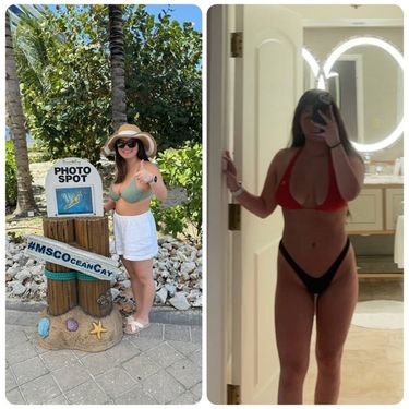 Two photographs of a Bodi Envi member side by side, one outdoors beside a beach photo spot marker in a sun hat and swimwear and one a mirror selfie in a bathroom.
