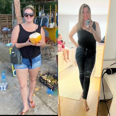 Two photographs of a Bodi Envi member side by side, one outdoors holding a fresh coconut in a black top and denim shorts and one a mirror selfie at home in a black top and dark jeans.