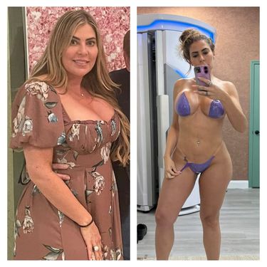 Two photographs of a Bodi Envi member side by side, one indoors in a brown floral dress and one a mirror selfie in a purple two piece swimsuit.