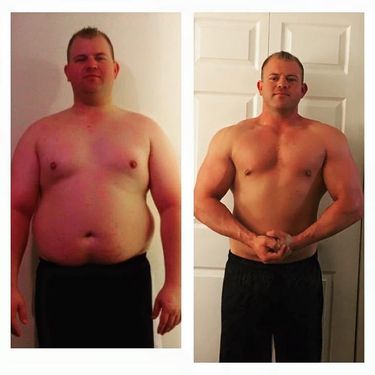 Two photographs of a Bodi Envi member side by side, both taken indoors in front of a white paneled door in black track pants.