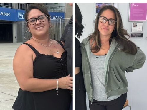 Two photographs of a Bodi Envi member side by side, one outdoors in a black sleeveless top and hoop earrings and one indoors in a grey tee shirt and a green zip up hoodie.