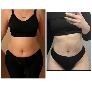 Two photographs of a Bodi Envi member side by side, both mirror selfies, one in a black sports bra and black track pants and one in a black long sleeved crop top.