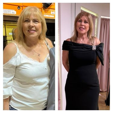 Two photographs of a Bodi Envi member side by side, one in a white off the shoulder blouse and one in a black evening gown in a fitting room.