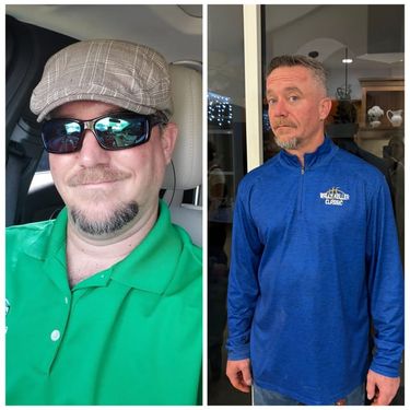 Two photographs of a Bodi Envi member side by side, one a seated selfie in a flat cap, sunglasses and a green polo shirt and one standing indoors in a blue quarter zip pullover.
