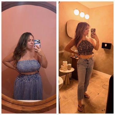 Two photographs of the same woman side by side, both mirror selfies, one in a blue gingham two piece in front of a round mirror and one in a printed halter top and light jeans.