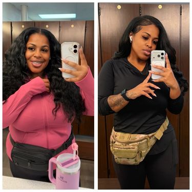 Two photographs of the same woman side by side, both mirror selfies in a locker room, one in a pink zip up jacket and one in a black long sleeved top with a camouflage belt bag.