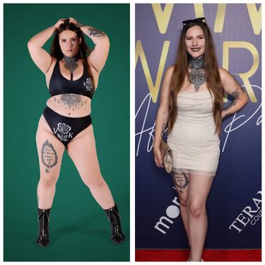 Two photographs of the same woman side by side, one in a black two piece in front of a green studio backdrop and one in a short white dress at an evening event.