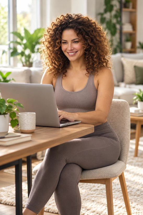 A woman smiling at her laptop at a sunlit kitchen table